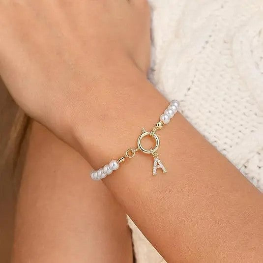 Crystal Initial J Pearl Bracelet