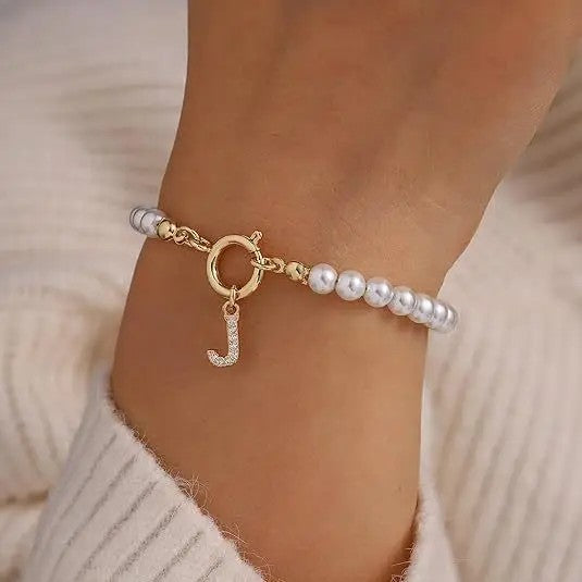 Crystal Initial J Pearl Bracelet
