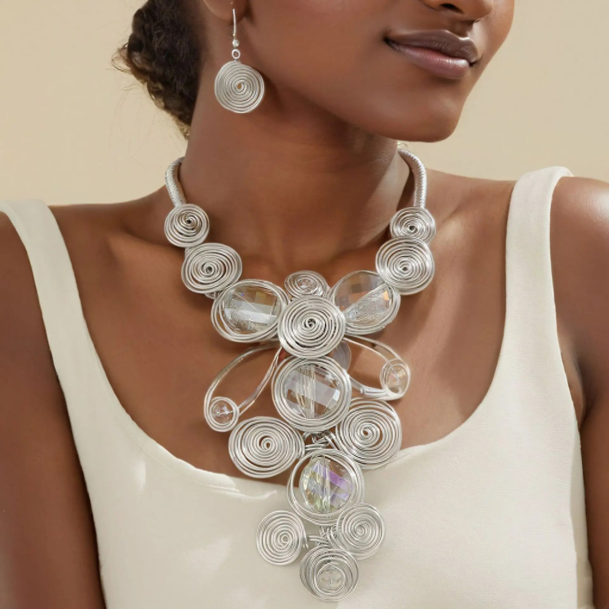 Spiral Crystal Bib Necklace & Earring Set