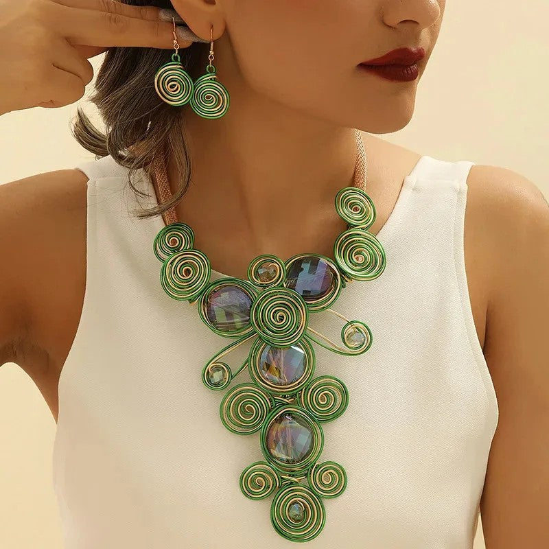 Spiral Crystal Bib Necklace & Earring Set