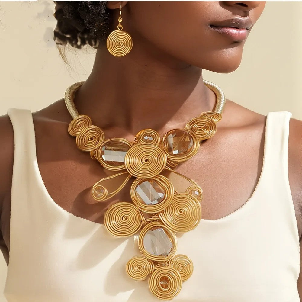 Spiral Crystal Bib Necklace & Earring Set