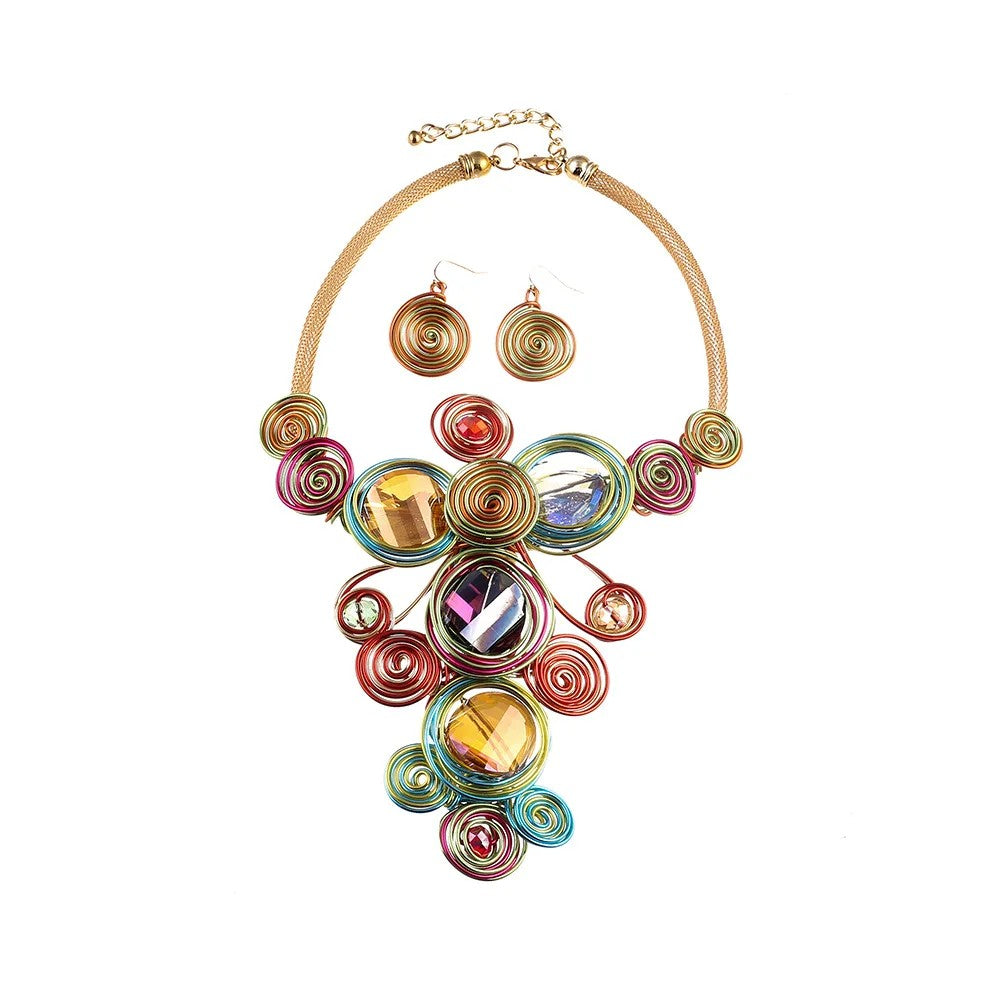 Spiral Crystal Bib Necklace & Earring Set