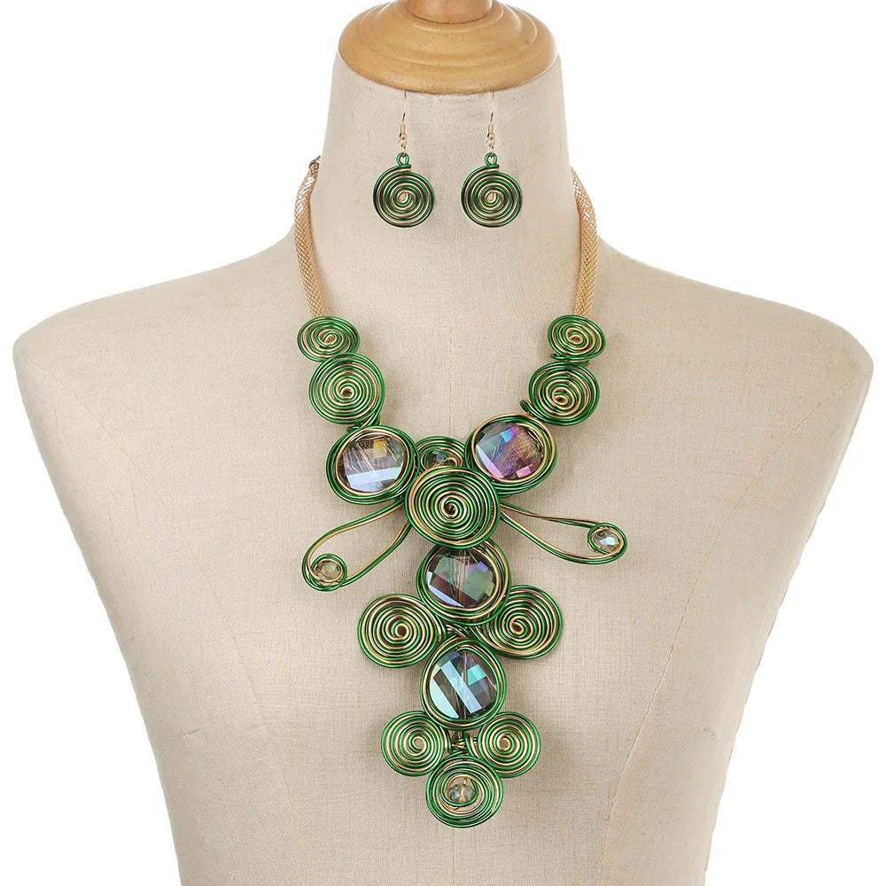 Spiral Crystal Bib Necklace & Earring Set