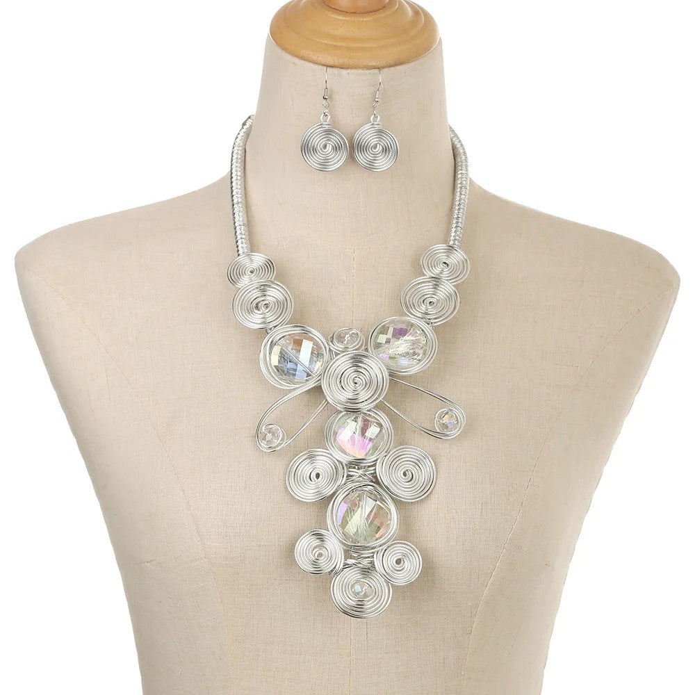 Spiral Crystal Bib Necklace & Earring Set