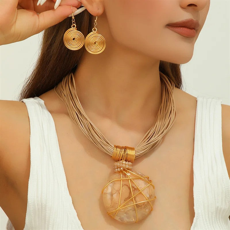 Blue Stone Wire Wrap Necklace Set