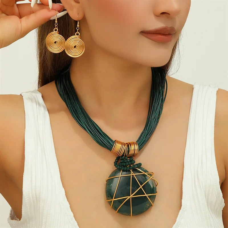 Blue Stone Wire Wrap Necklace Set