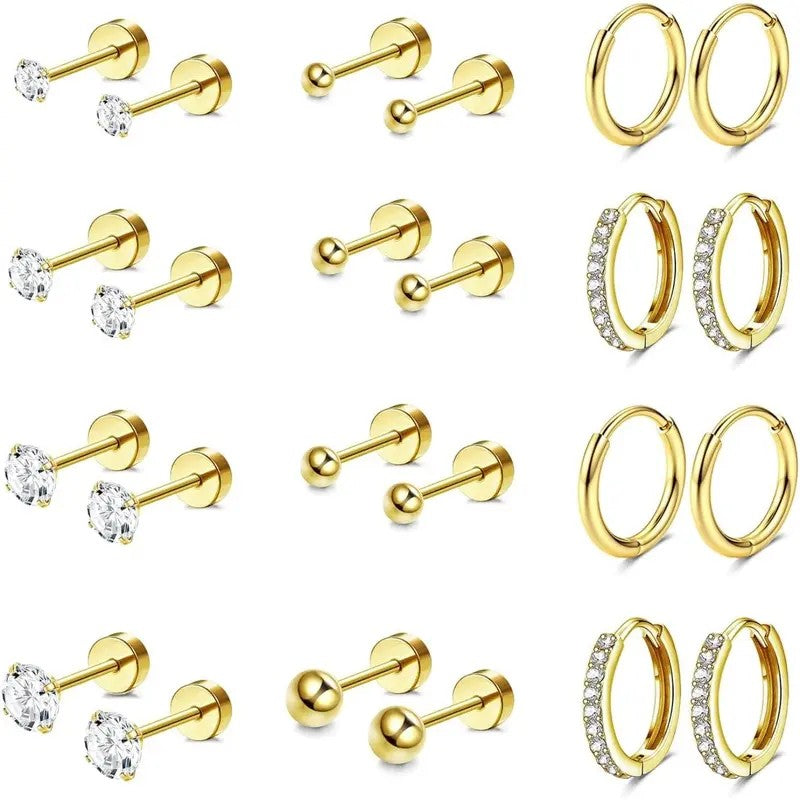 12pc Mixed Shape Stud & Hoop Earring Set