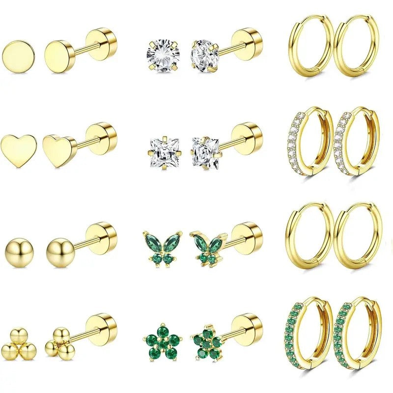 12pc Mixed Shape Stud & Hoop Earring Set
