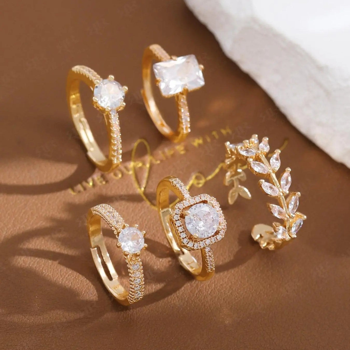 Crystal Leaf & Stone Ring Set