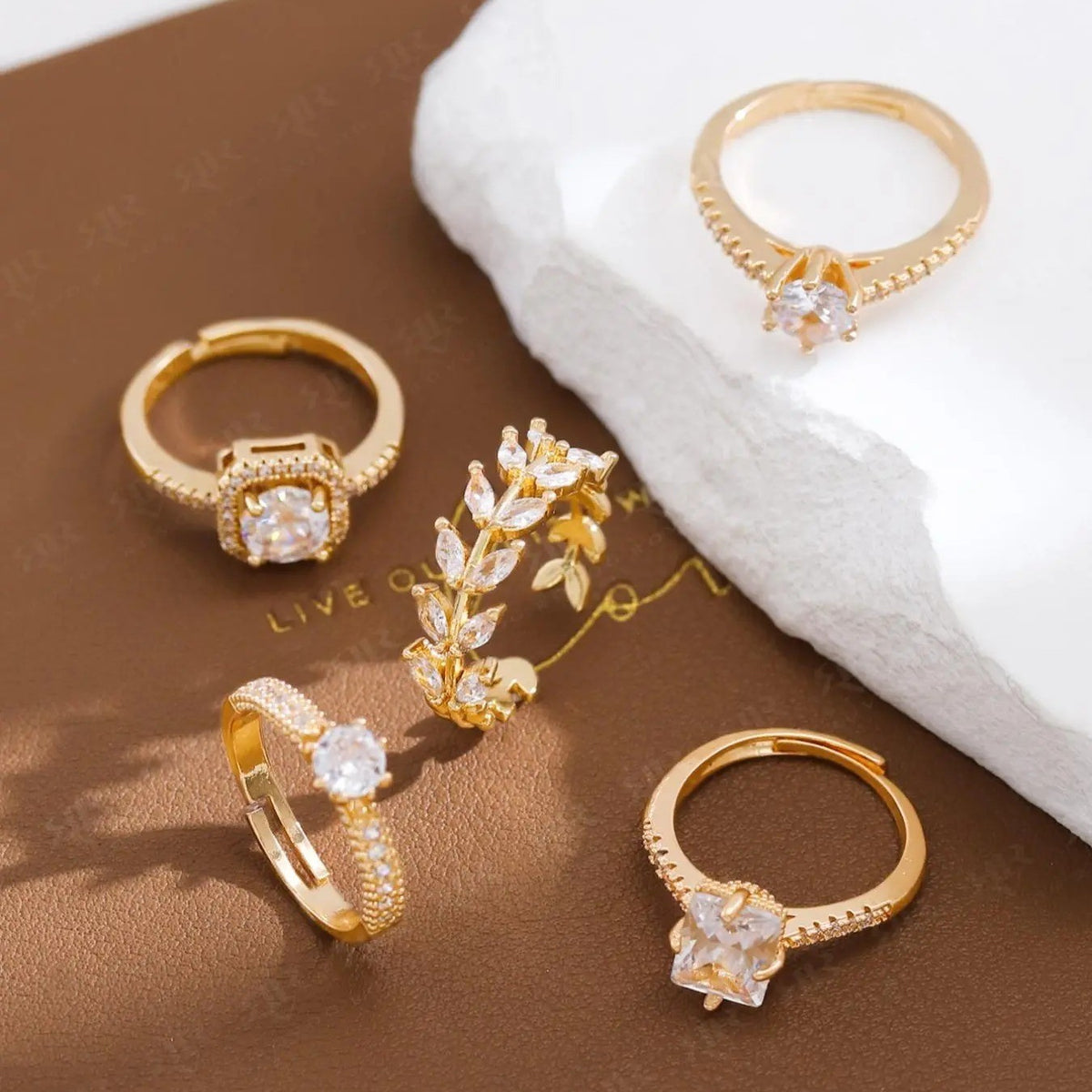 Crystal Leaf & Stone Ring Set