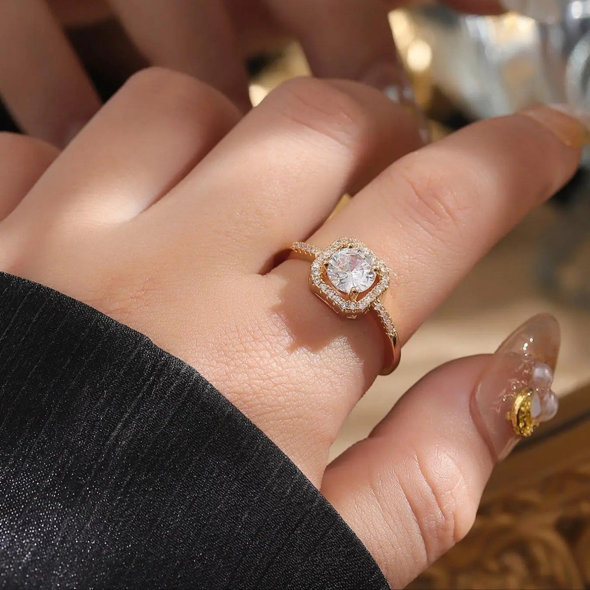 Crystal Leaf & Stone Ring Set
