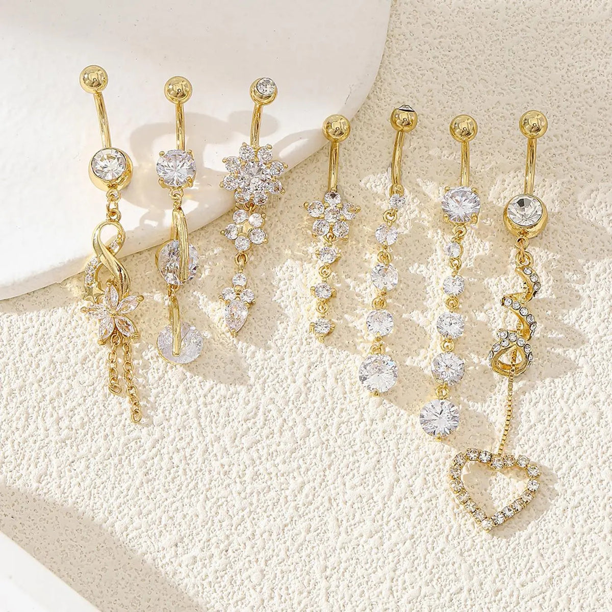 Crystal Floral & Heart Belly Ring Set