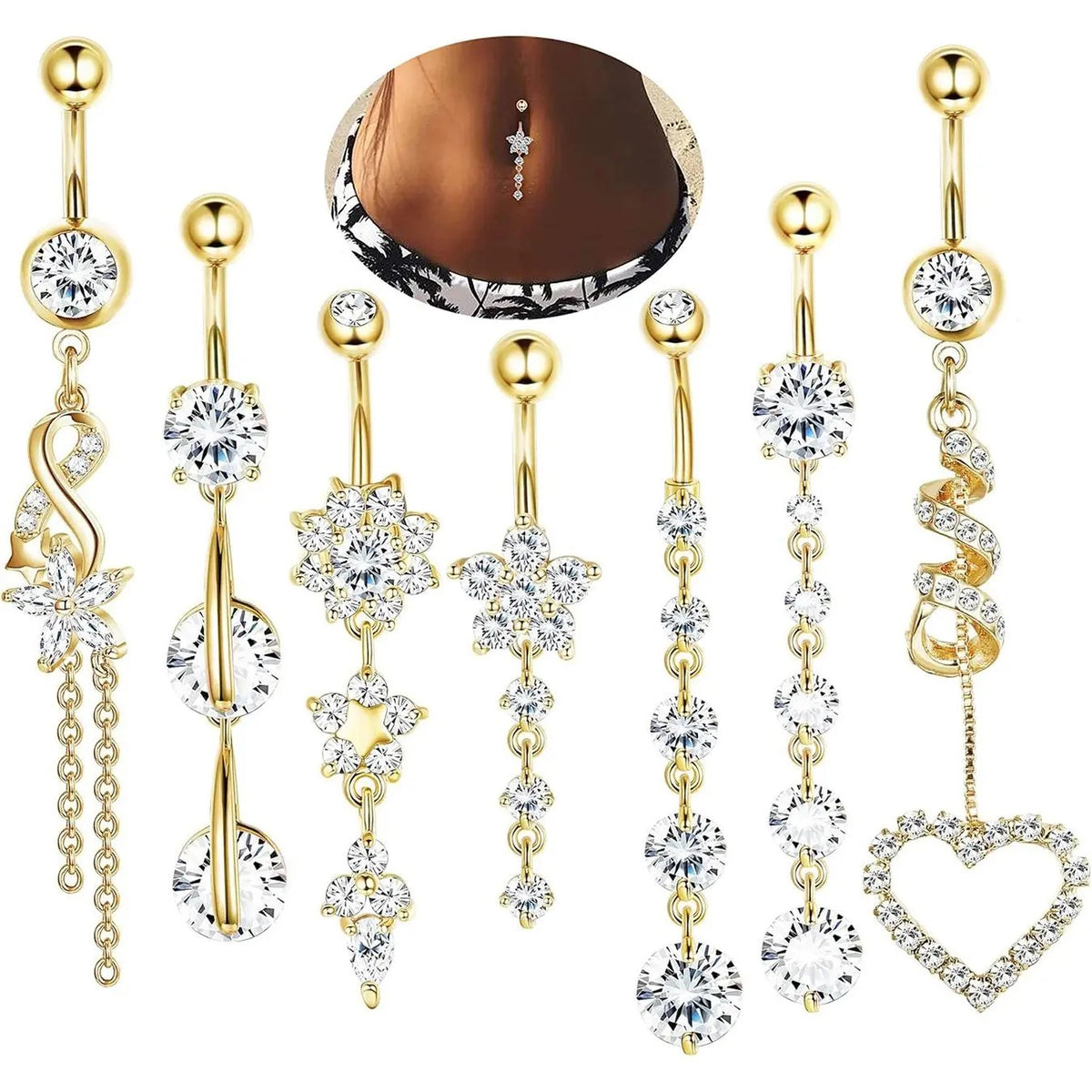 Crystal Floral & Heart Belly Ring Set