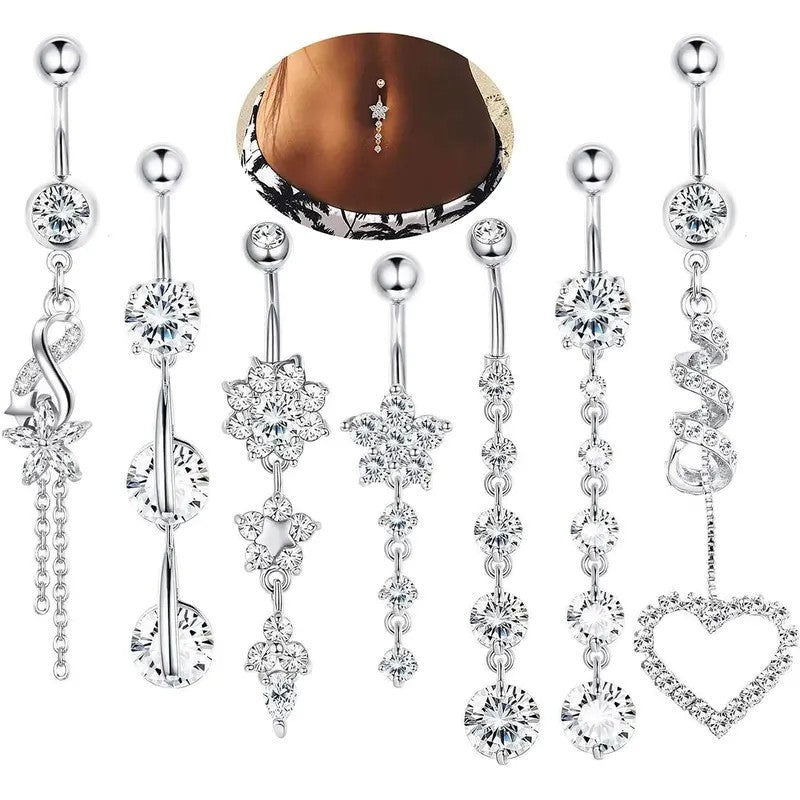 Crystal Floral & Heart Belly Ring Set
