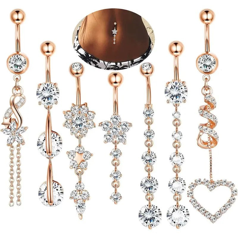 Crystal Floral & Heart Belly Ring Set