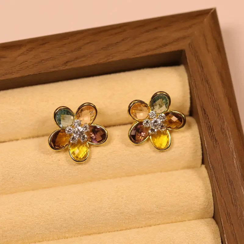Multicolor Crystal Flower Stud Earrings