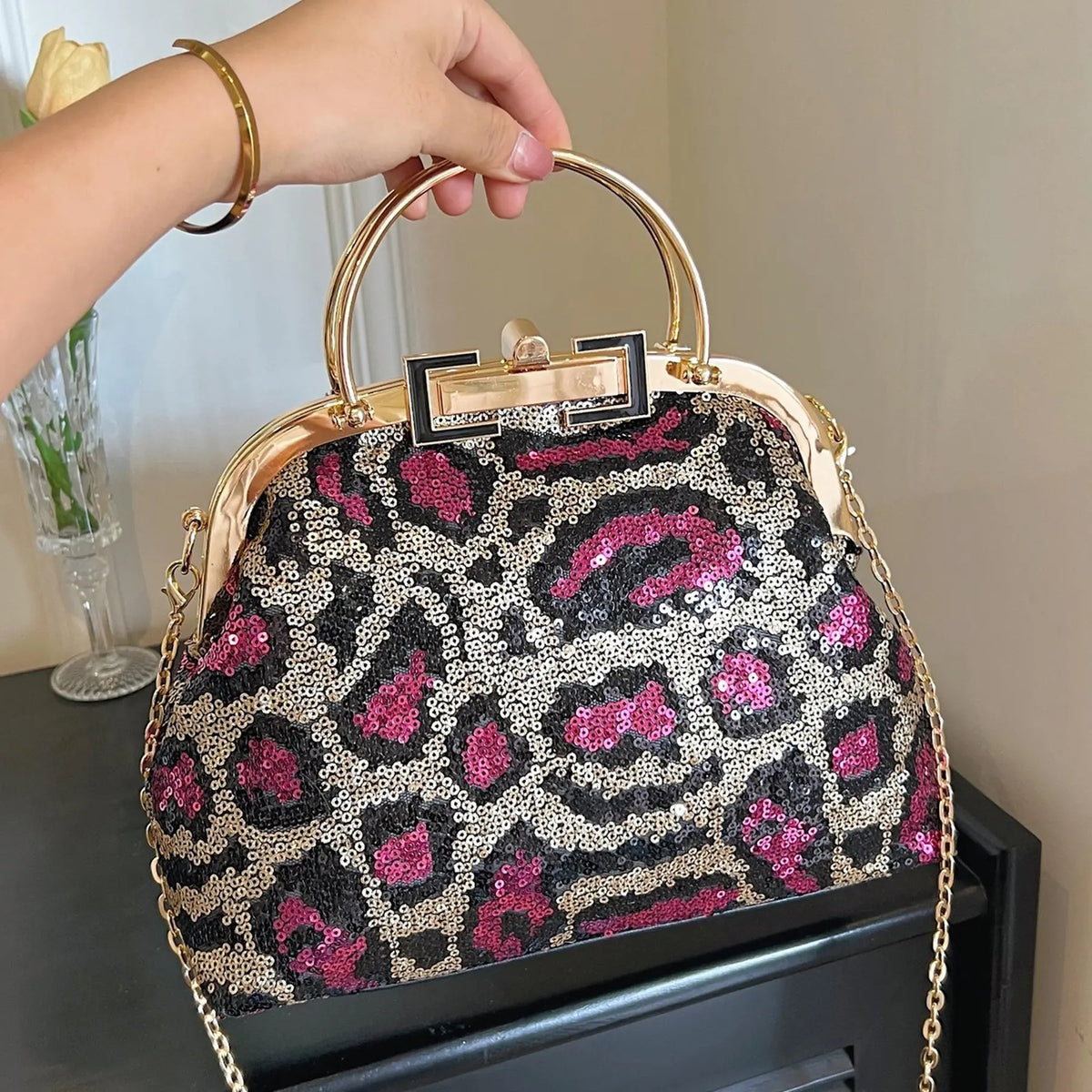 Leopard Sequin Frame Bag