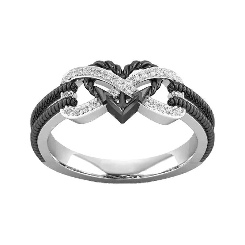 2pc Black Celtic Knot & Crystal Heart Ring Set