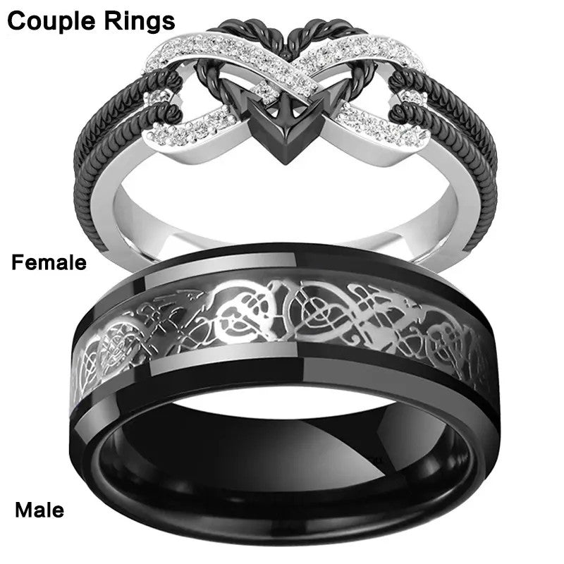 2pc Black Celtic Knot & Crystal Heart Ring Set