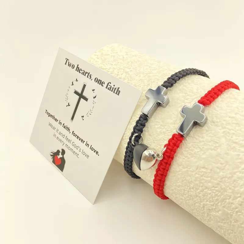 Cross & Magnetic Heart Bracelet Set