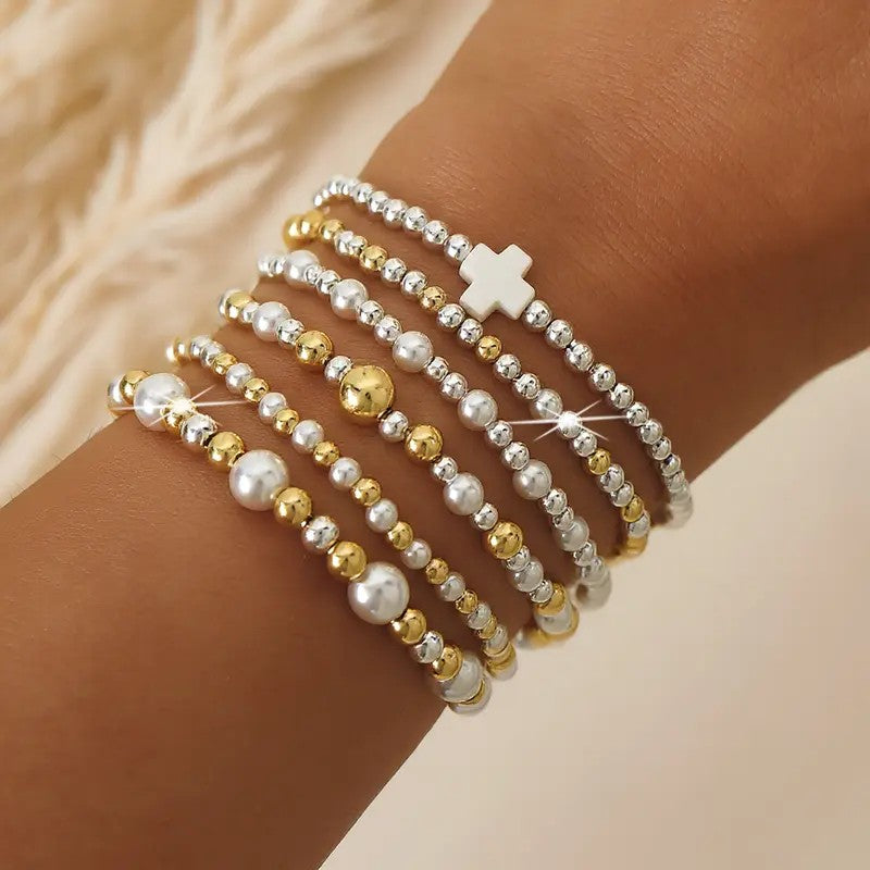 6pc Pearl & Cross Beaded Bracelet Set