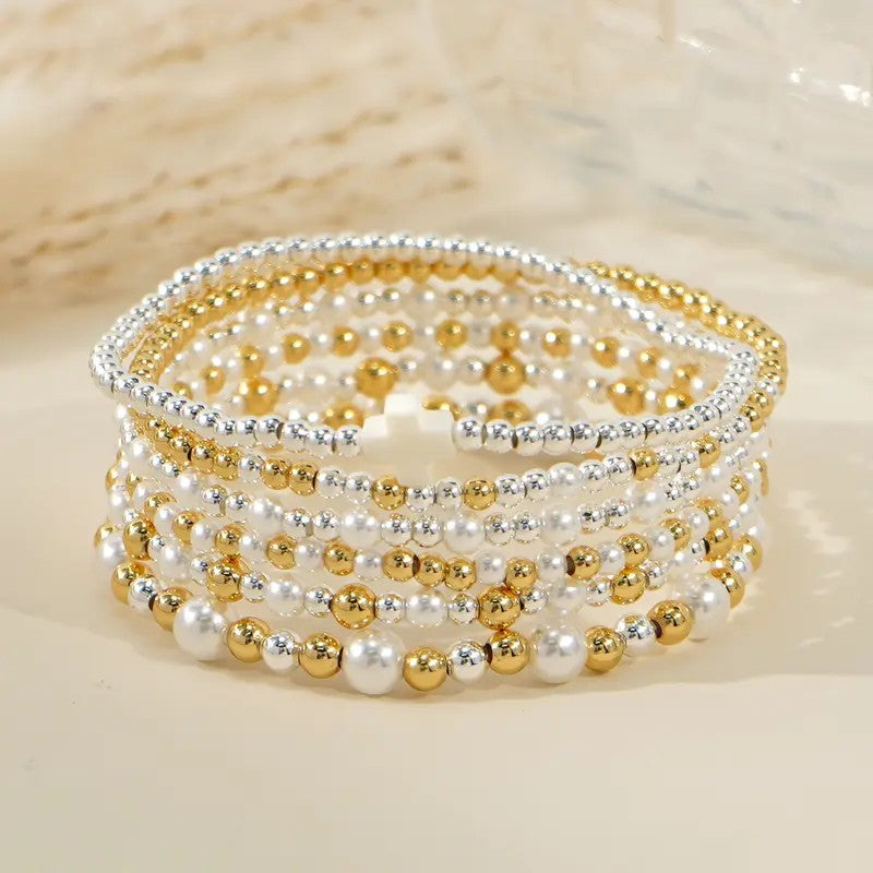 6pc Pearl & Cross Beaded Bracelet Set