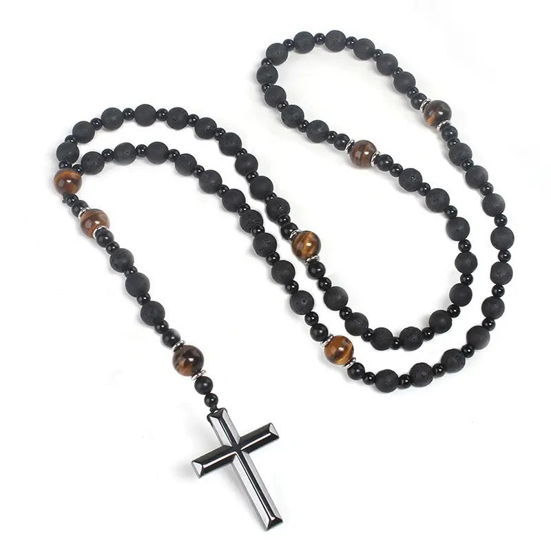 Tiger Eye & Lava Rock Cross Necklace