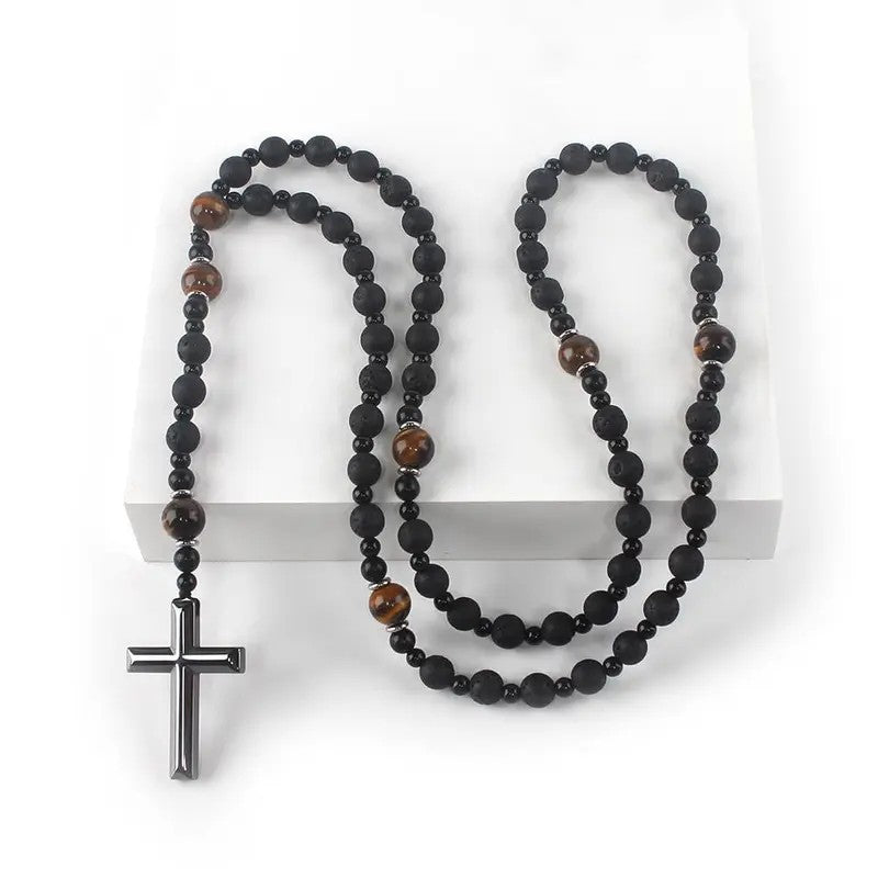 Tiger Eye & Lava Rock Cross Necklace