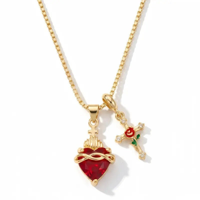Red Heart & Rose Cross Necklace