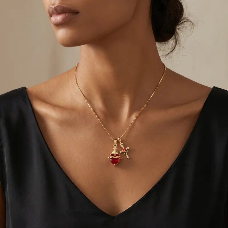 Red Heart & Rose Cross Necklace