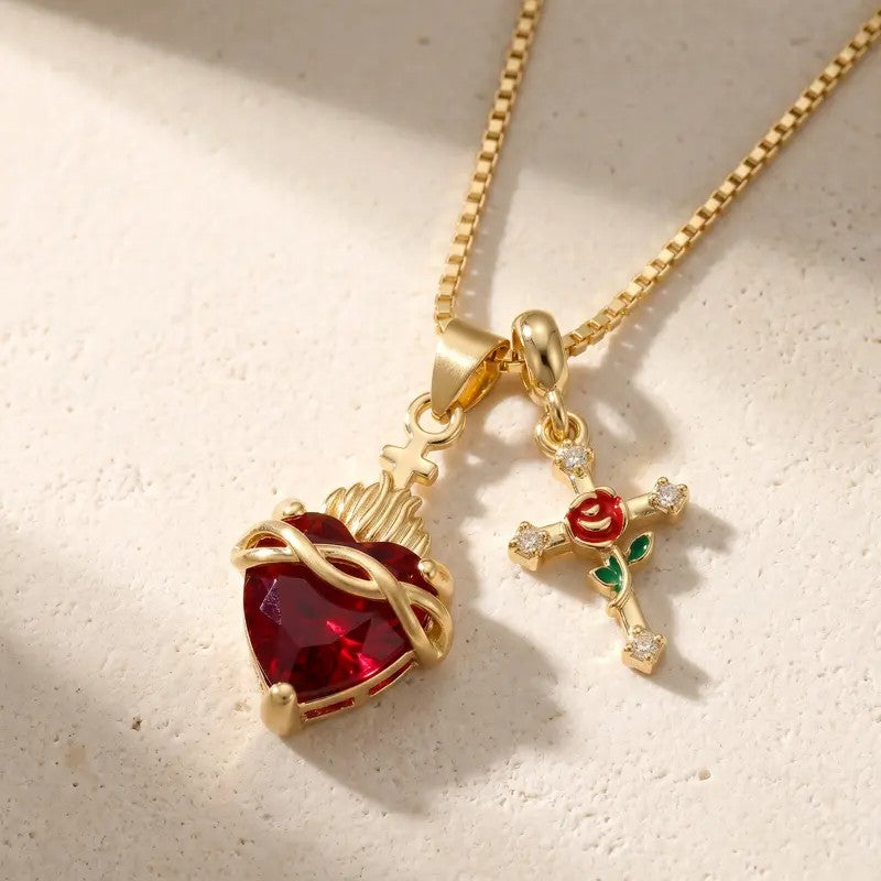Red Heart & Rose Cross Necklace