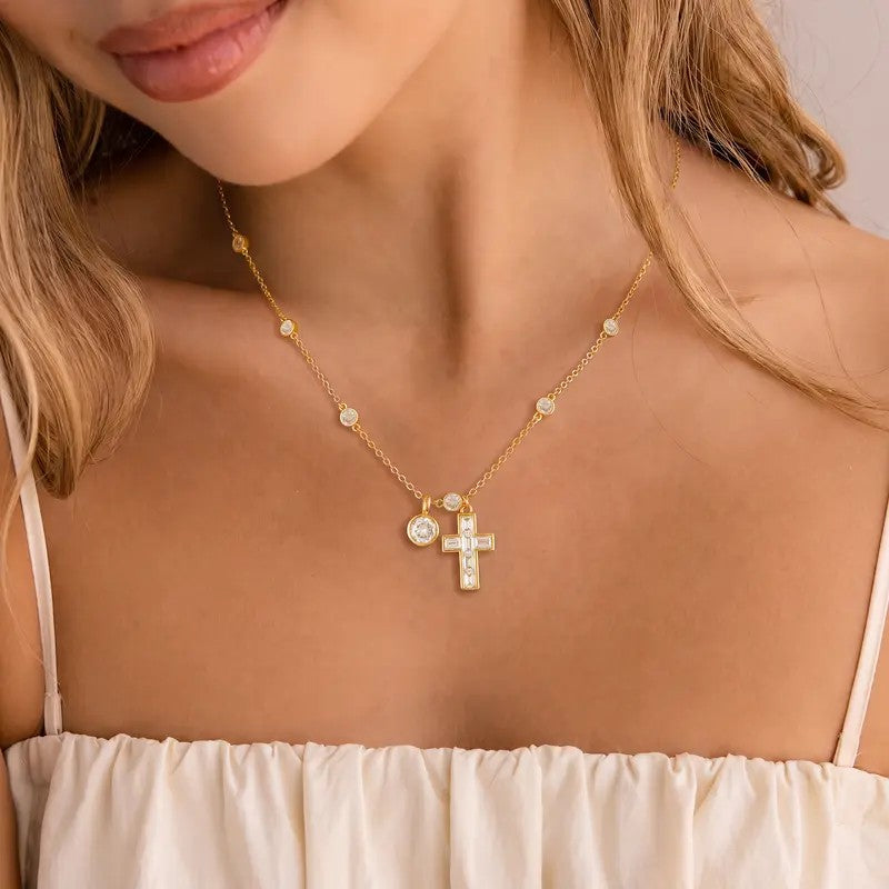 Crystal Cross & Circle Charm Necklace