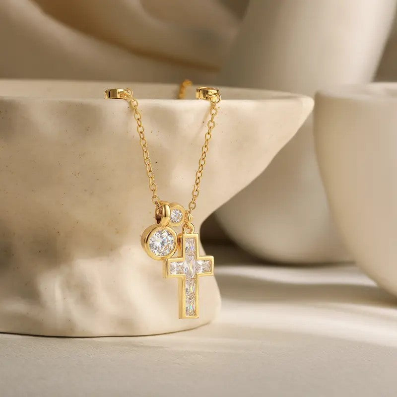 Crystal Cross & Circle Charm Necklace