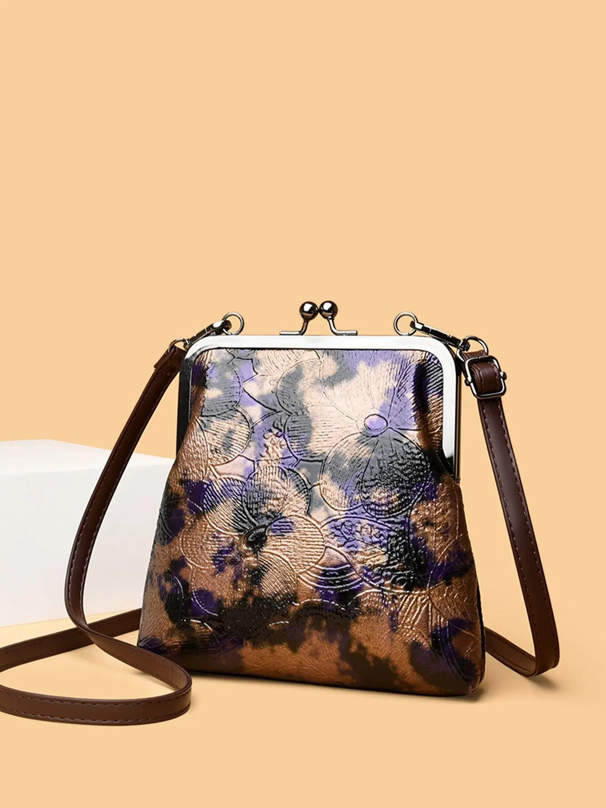 Embossed Floral Kiss Lock Bag