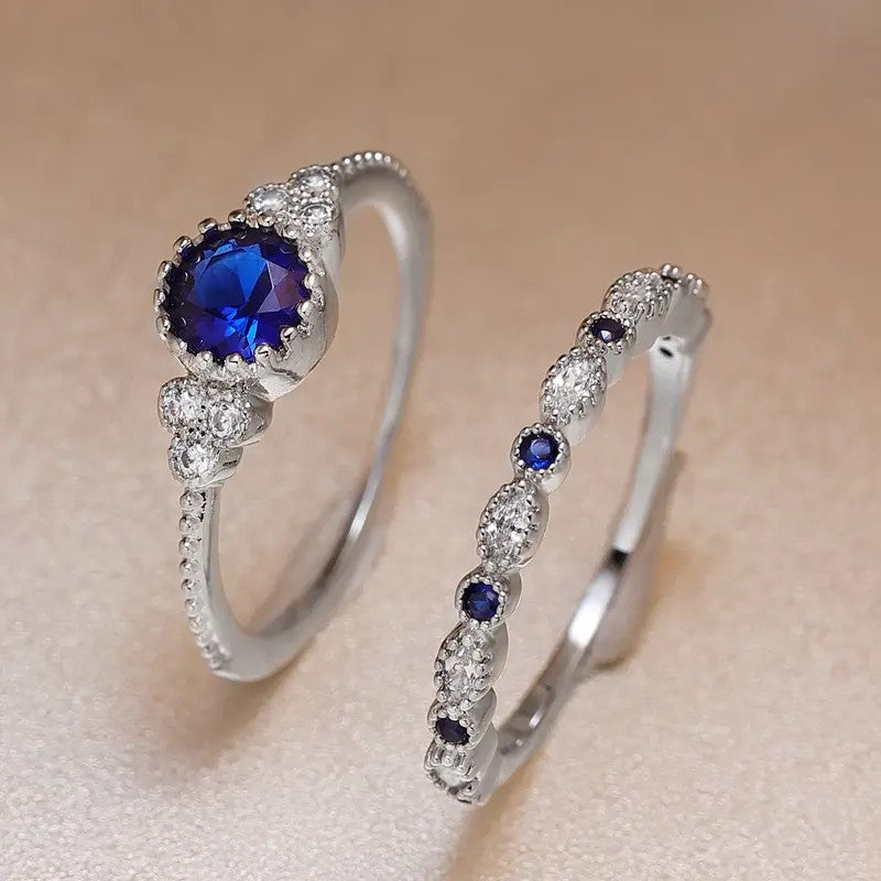 Blue Stone Halo Ring Set