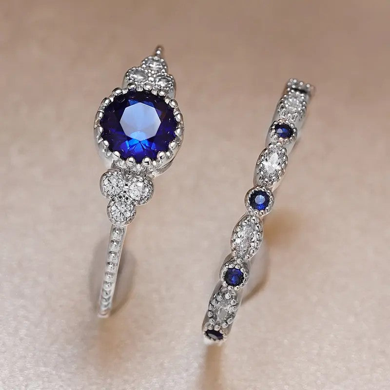 Blue Stone Halo Ring Set