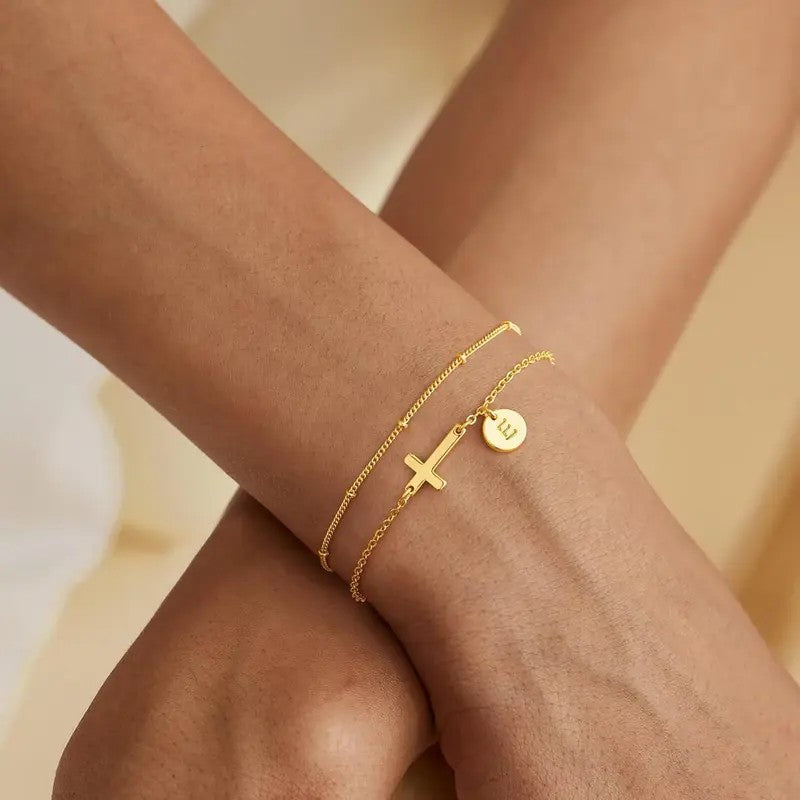 Cross & Initial Disc Bracelet