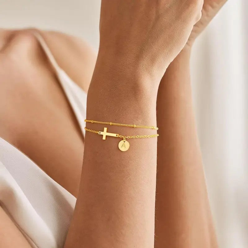 Cross & Initial Disc Bracelet