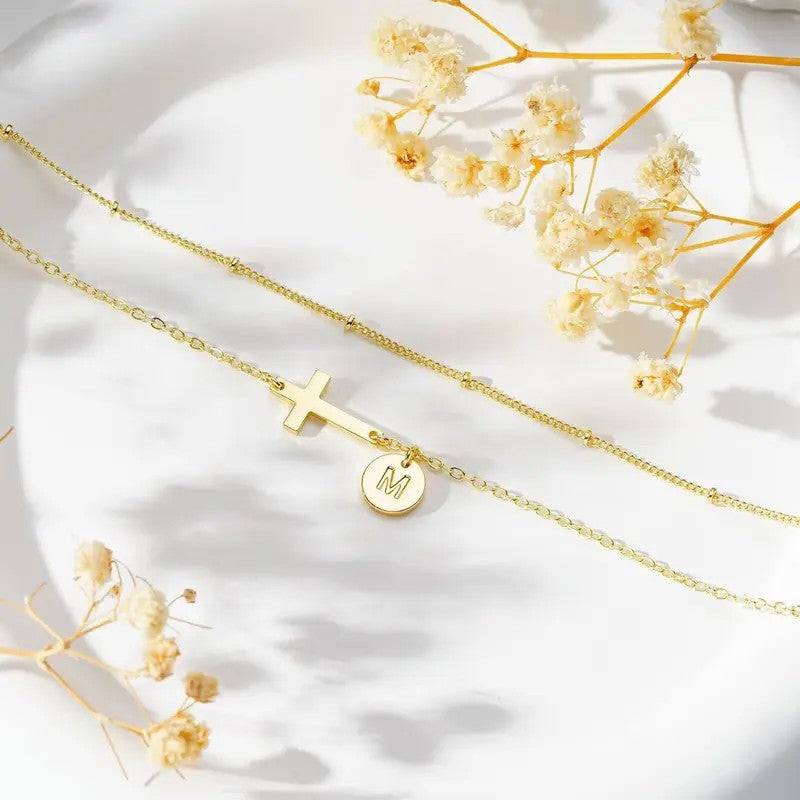 Cross & Initial Disc Bracelet