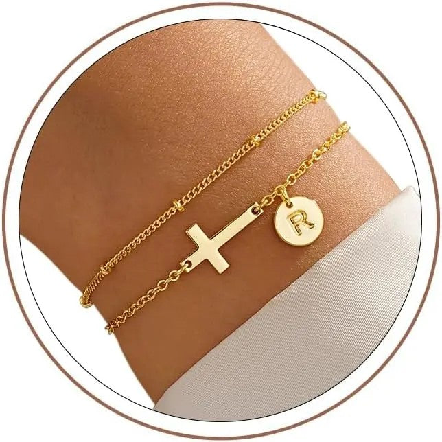Cross & Initial Disc Bracelet
