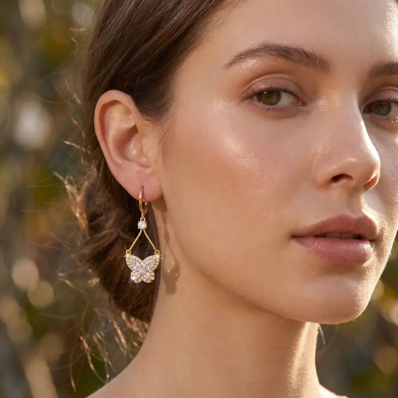 Pave Crystal Butterfly Hoop Drop Earrings