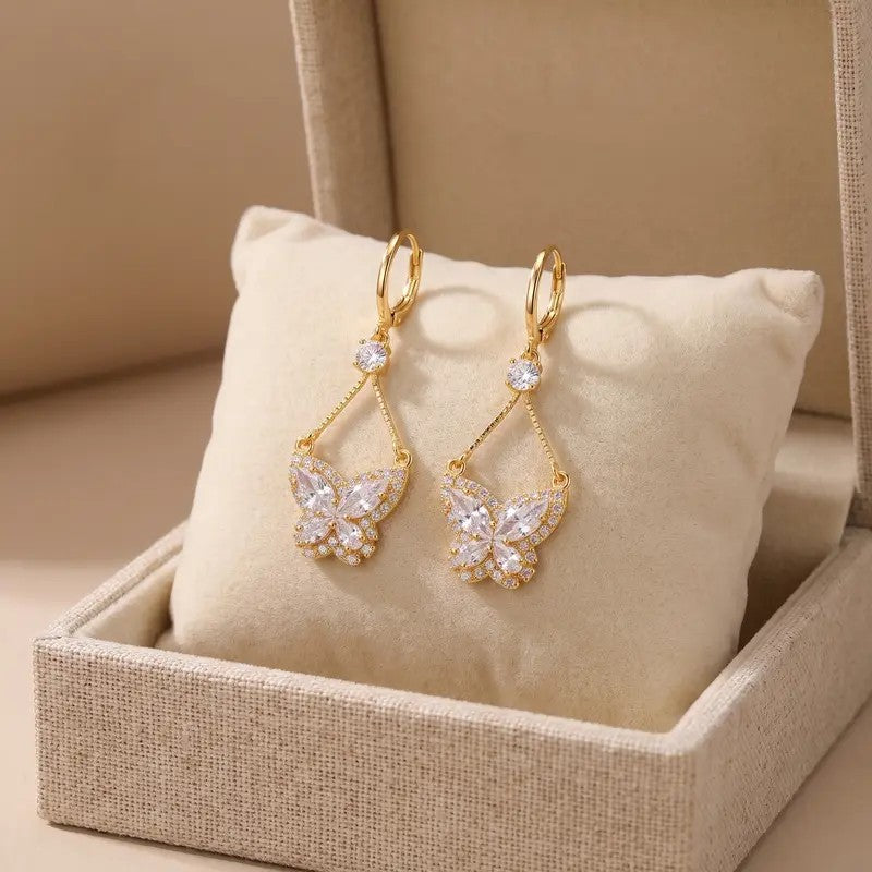 Pave Crystal Butterfly Hoop Drop Earrings