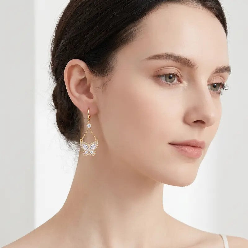 Pave Crystal Butterfly Hoop Drop Earrings