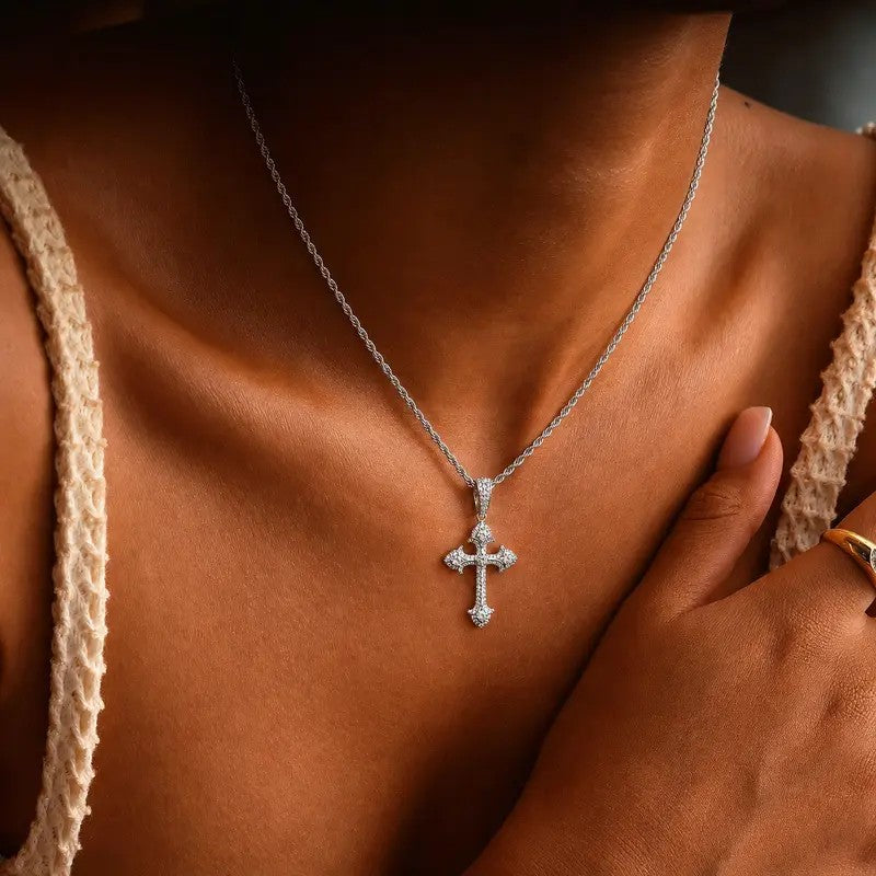 Ornate Crystal Cross Rope Necklace