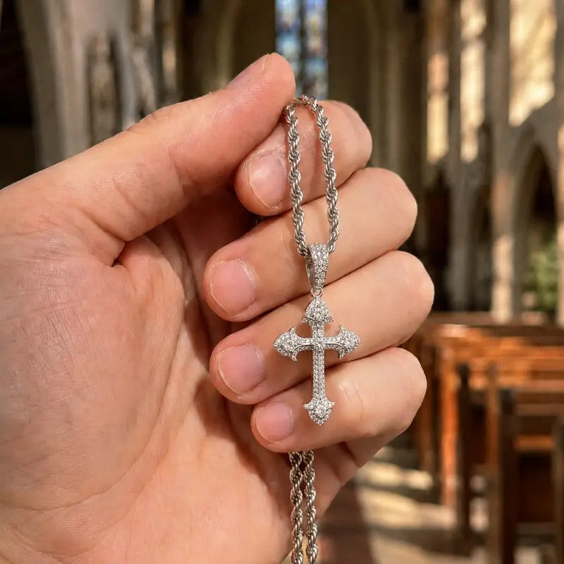 Ornate Crystal Cross Rope Necklace