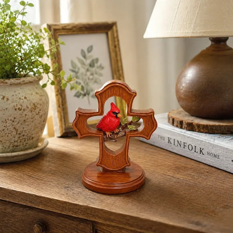 Red Bird Cross Figurine