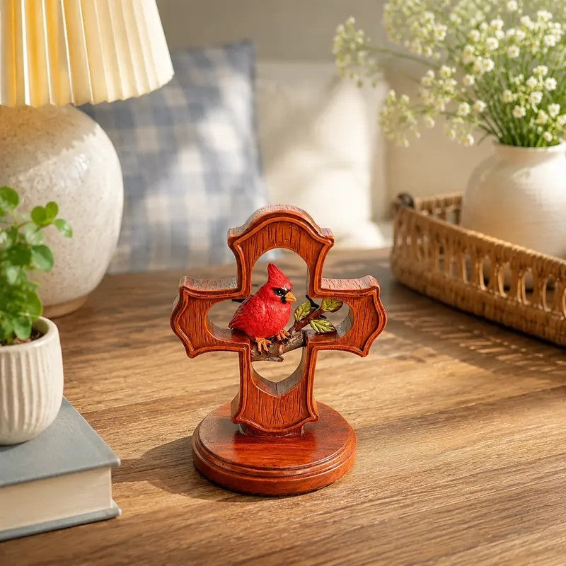 Red Bird Cross Figurine