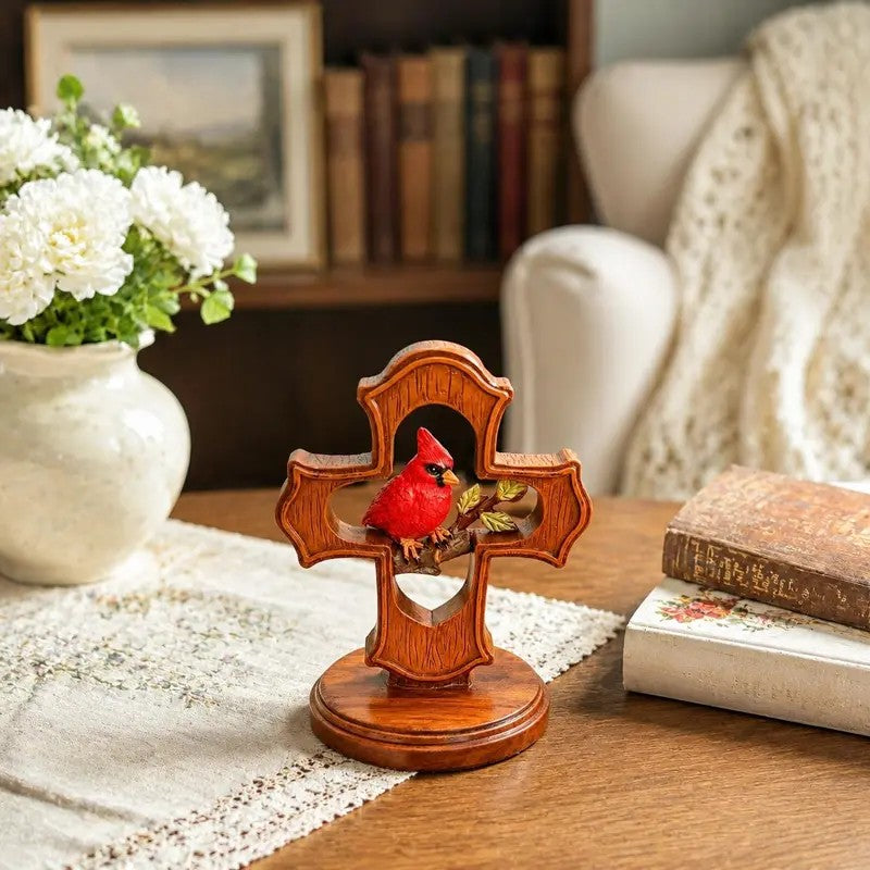 Red Bird Cross Figurine