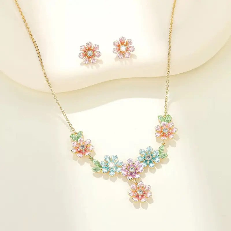 Pastel Enamel Flower Necklace & Earring Set