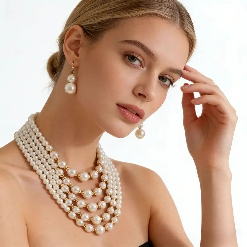 Tiered Pearl Station Necklace & Earring Set